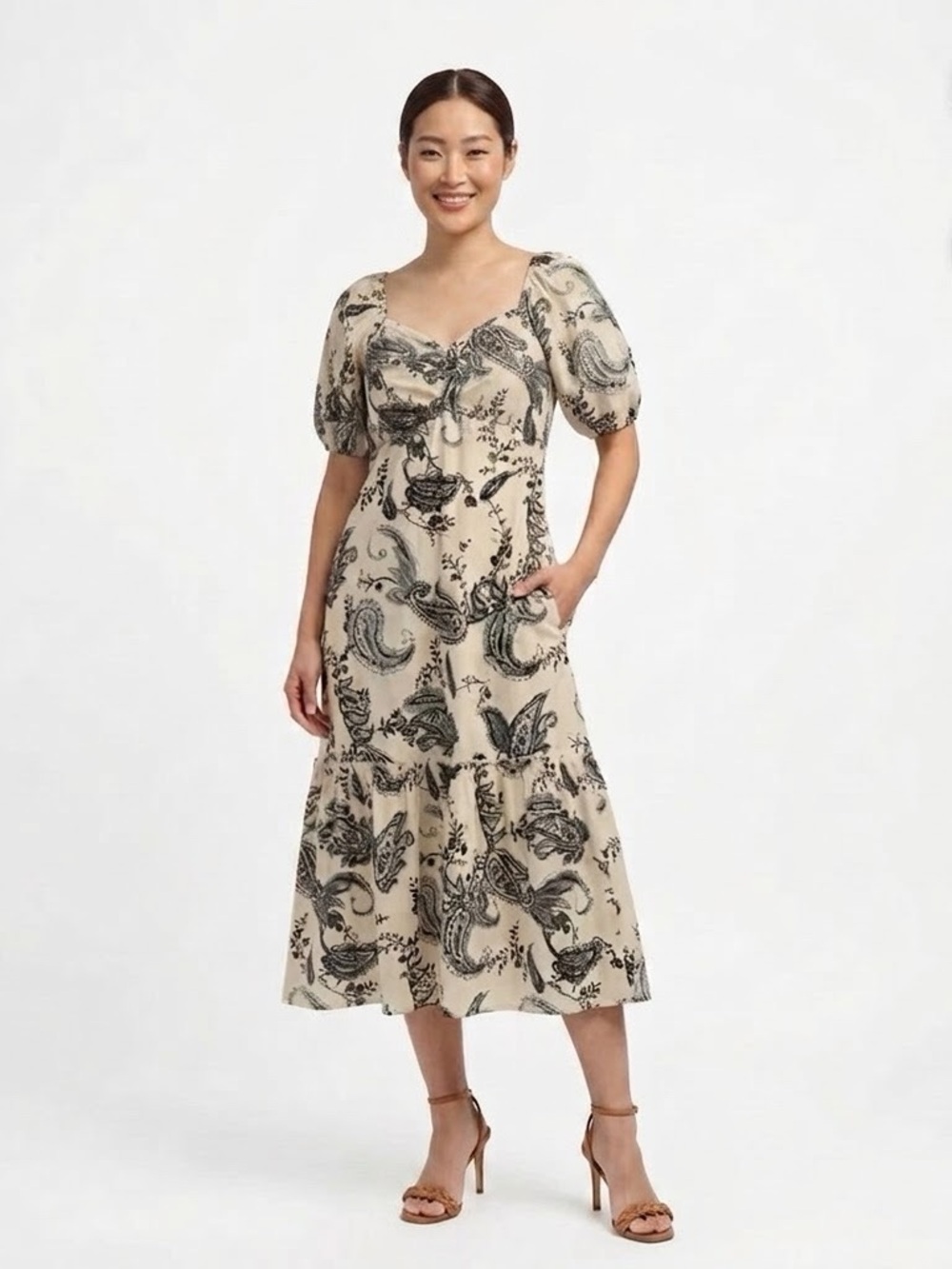 Mexx Voile Cream/Black Cotton Paisley Boho Dress Size Large